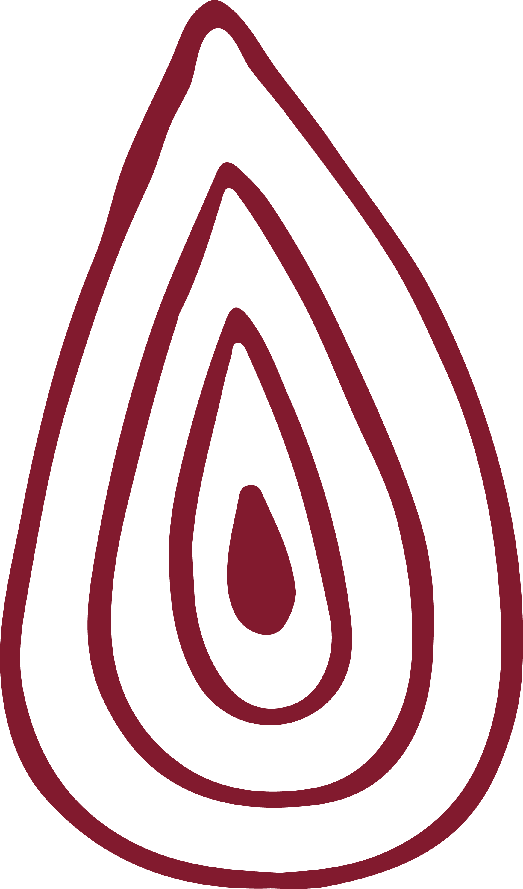 Stylized red and black graphic of a teardrop shape with concentric outlines.