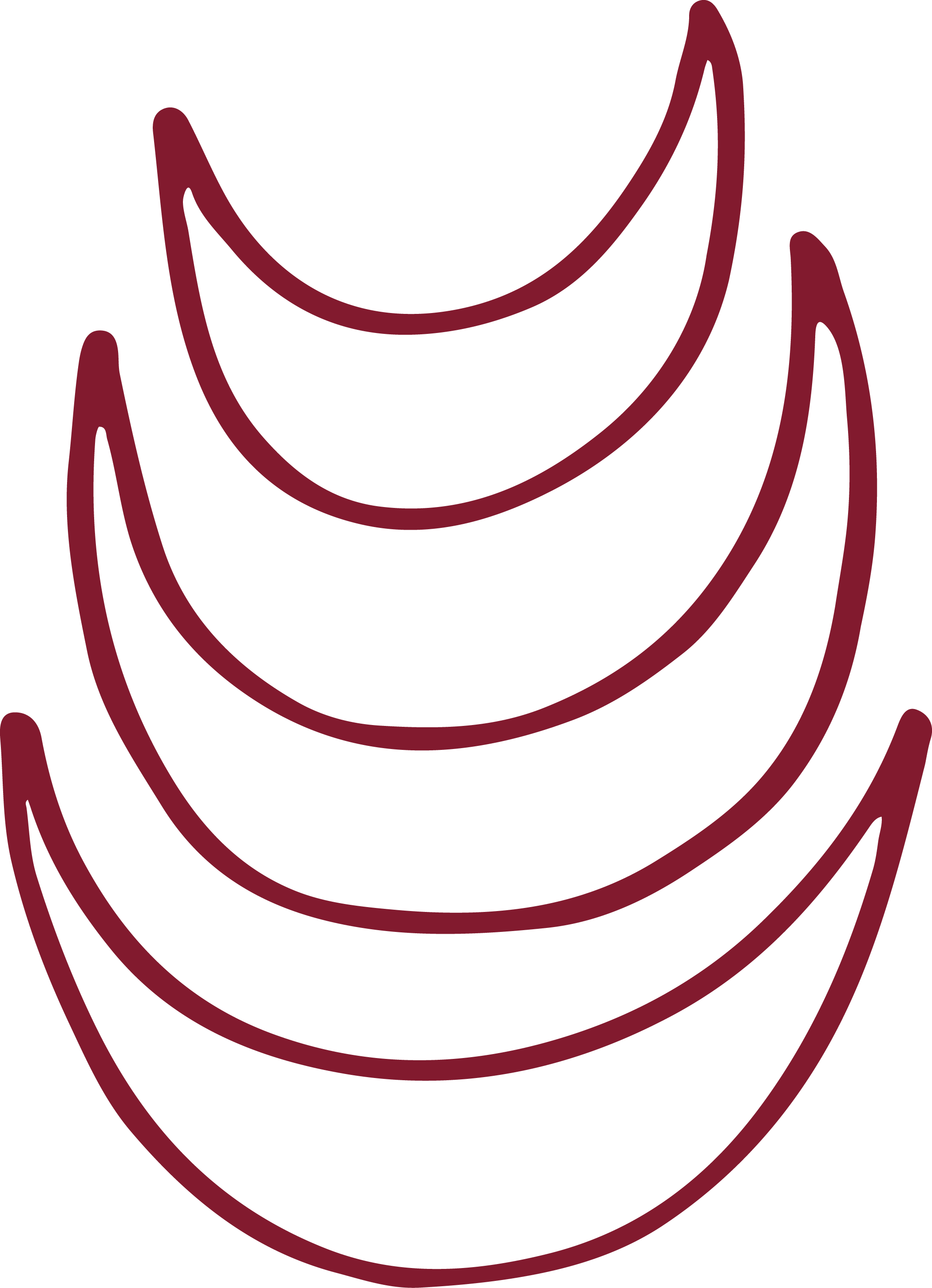 A digital drawing of five maroon-colored crescent shapes arranged vertically on a black background.