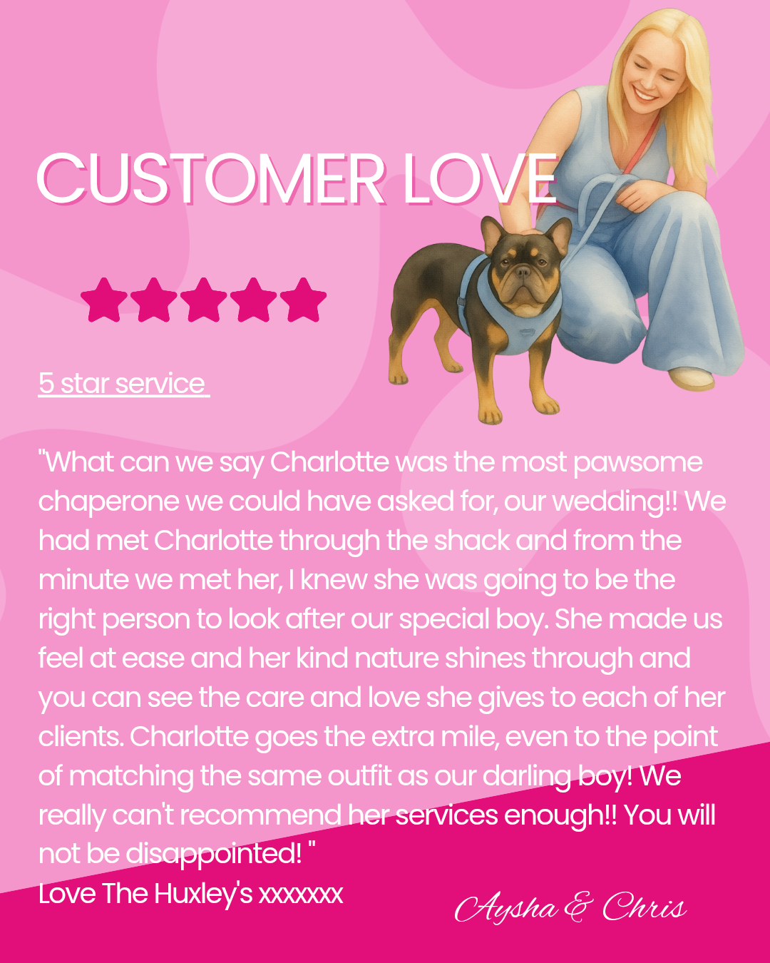Customer review with a woman and a French Bulldog on a pink background.