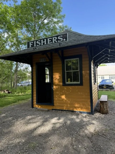 Former waiting shelter for the Rochester and Eastern Trolley relocated to the Auburn Trail in Fishers.