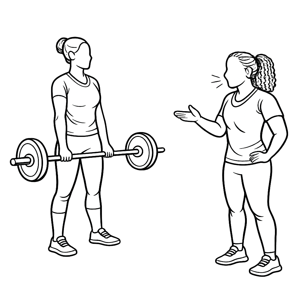 Two women having a conversation; one woman is holding a barbell with weights, the other is speaking and gesturing with her hand.