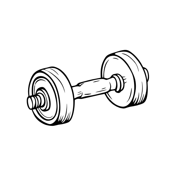 Line drawing of a dumbbell with weights at each end.