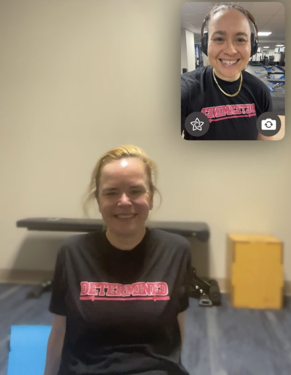 A woman sitting on a yoga mat in a gym, smiling. Inset is a close-up of another smiling woman wearing headphones and gym attire, with fitness equipment in the background.