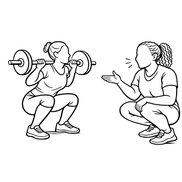 Line drawing of a woman doing a squat with a barbell on her shoulders, and another woman coaching or giving instructions.