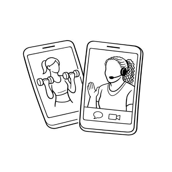 Line drawing of two smartphones, one displaying a woman lifting dumbbells and the other showing a woman wearing a headset, indicating a fitness coaching or virtual workout session.