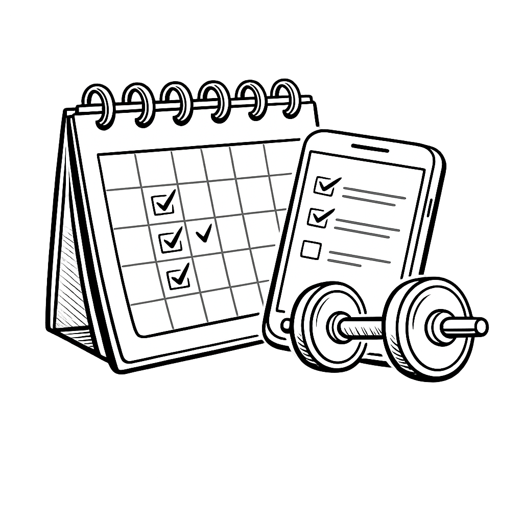 A black-and-white illustration of a weekly planner with check marks, a smartphone with check marks and lines, and a dumbbell.