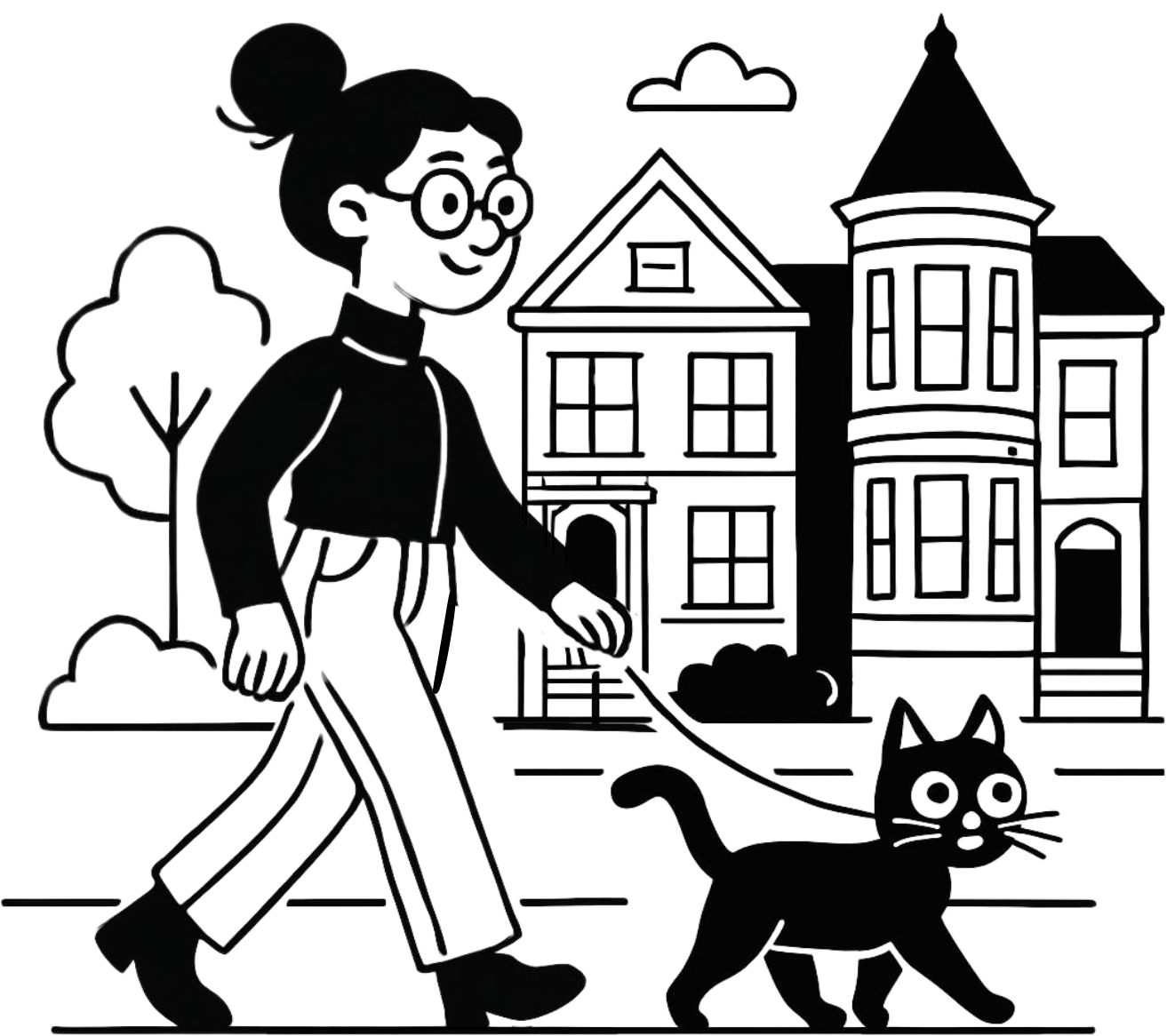 Cartoon of Avni walking a black cat on a leash in front of San Franciscan homes.