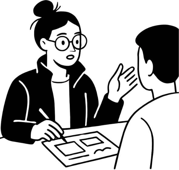 Cartoon of Avni designing with a client