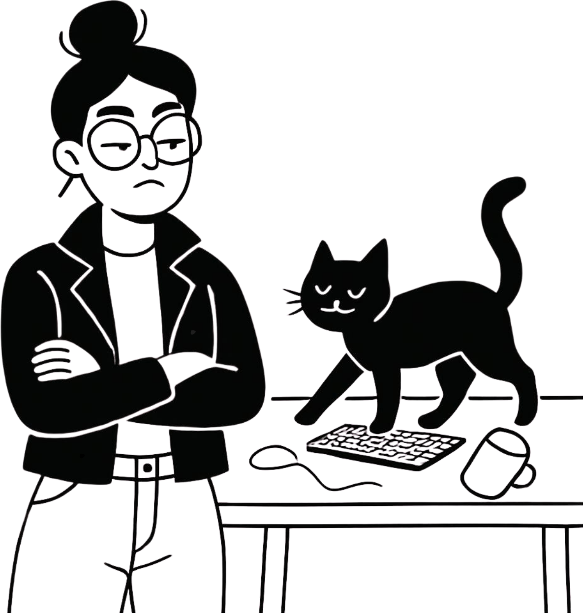 Cartoon of Avni looking annoyed as a black cat smugly walks across a desk, onto a computer keyboard and knocks over a coffee cup