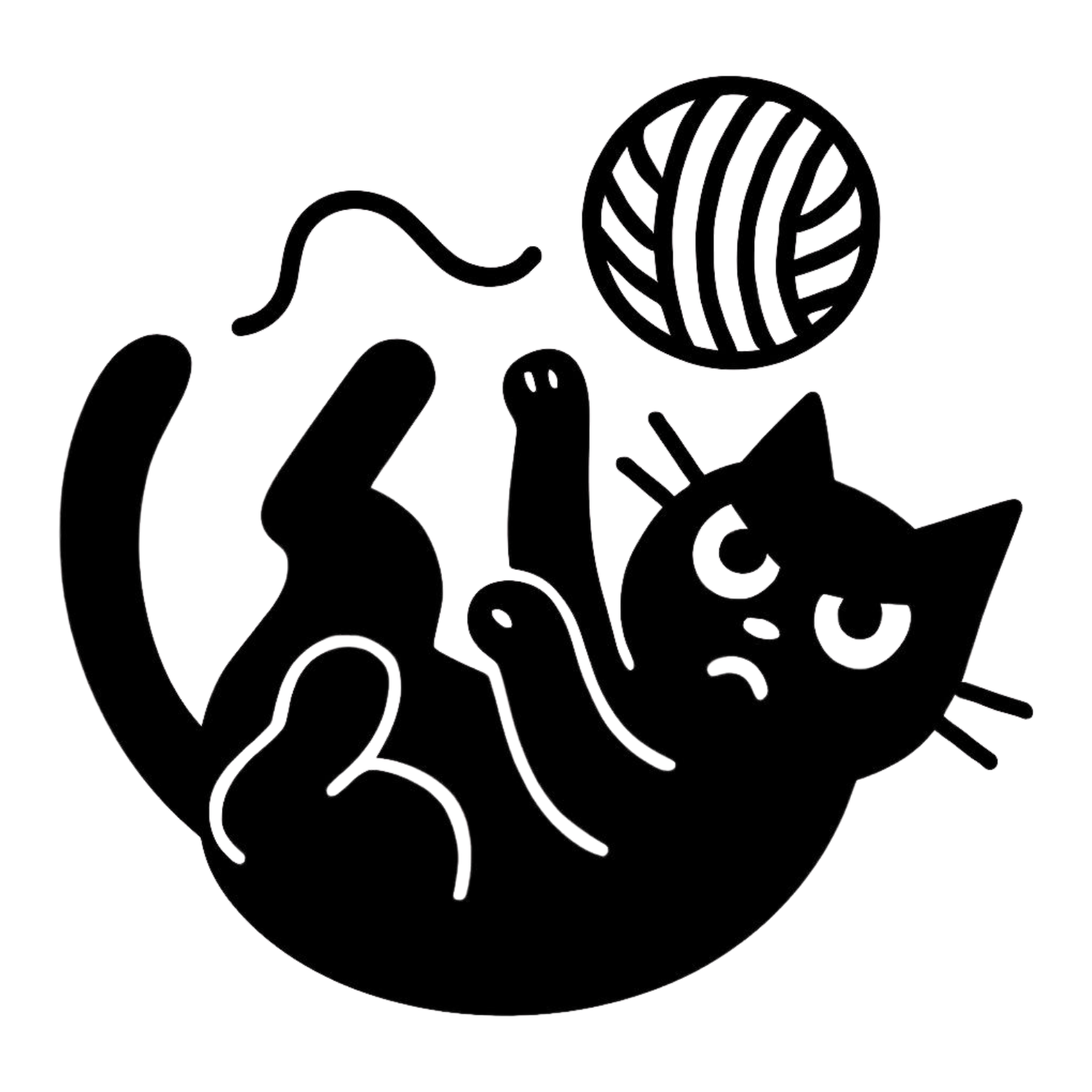 Cartoon black cat on its back playing roughly with a ball of yarn