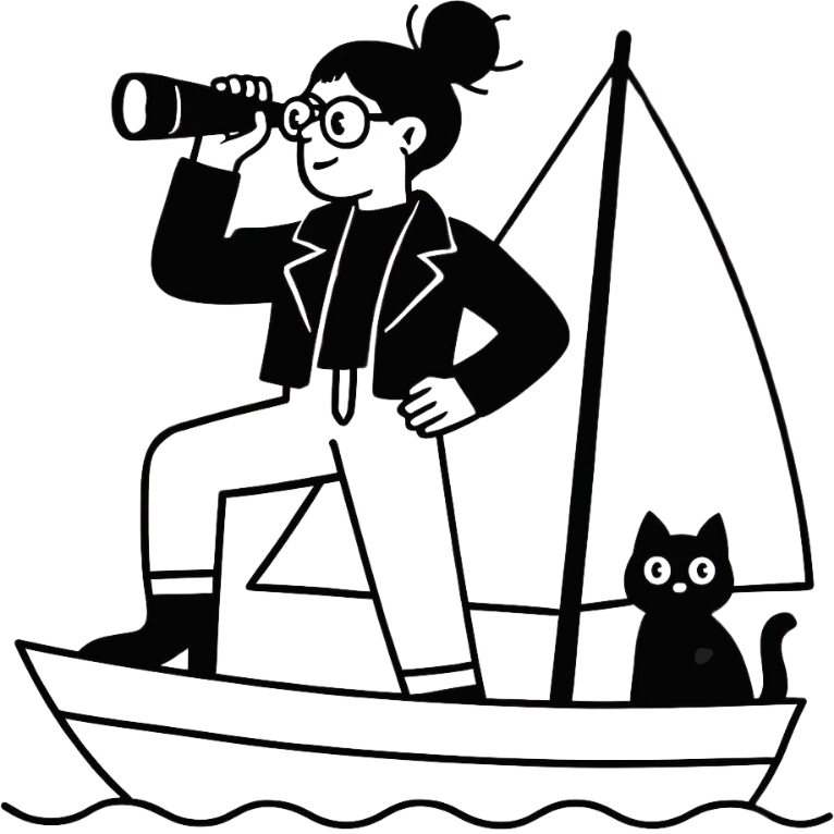 Cartoon woman with glasses and a bun hairstyle standing on a boat, looking through binoculars, with a black cat sitting next to her by the boat's mast.
