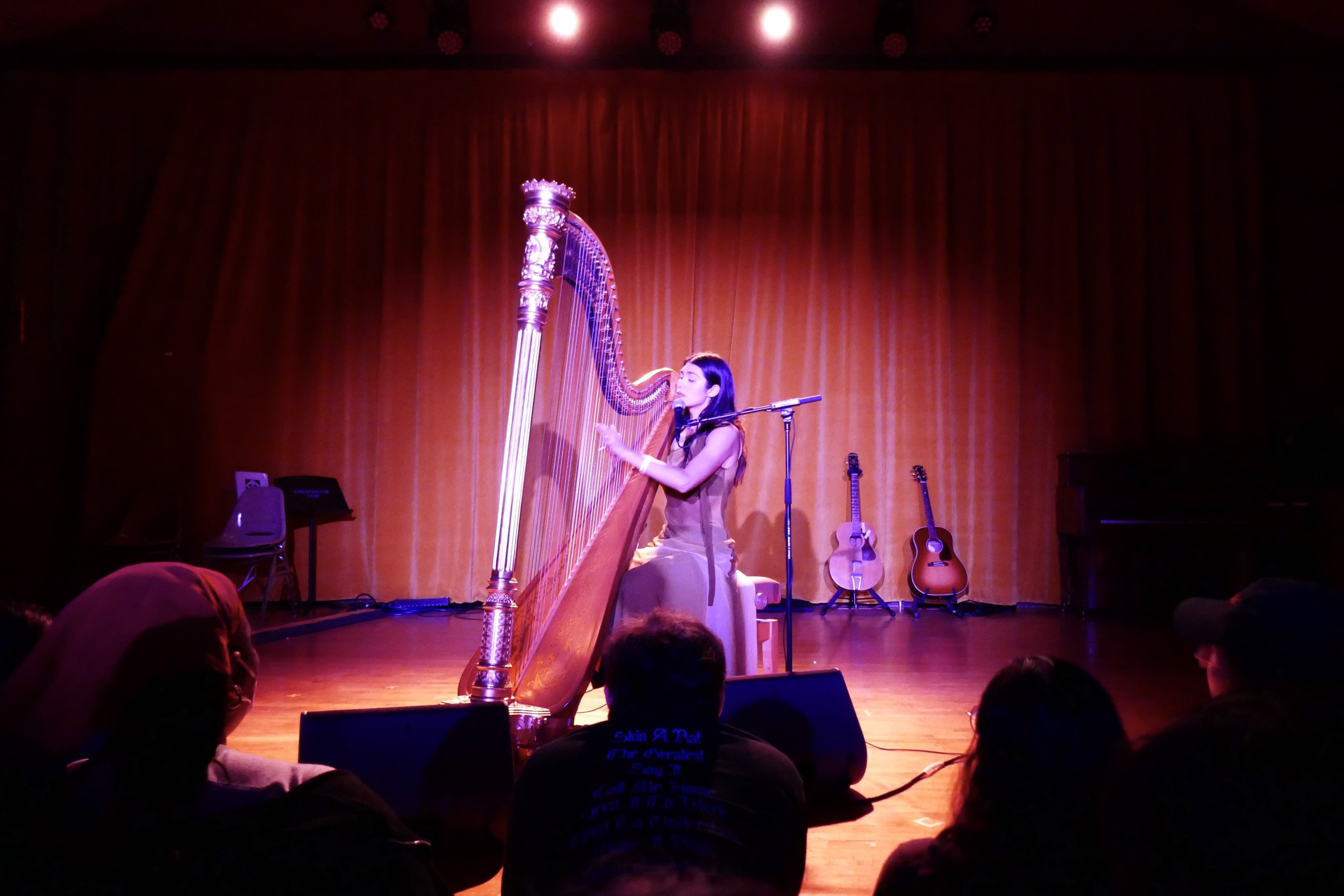 A female musician playing a large harp on a stage with a red curtain background. Three guitars are standing on the stage behind her. Audience members are visible in the foreground.