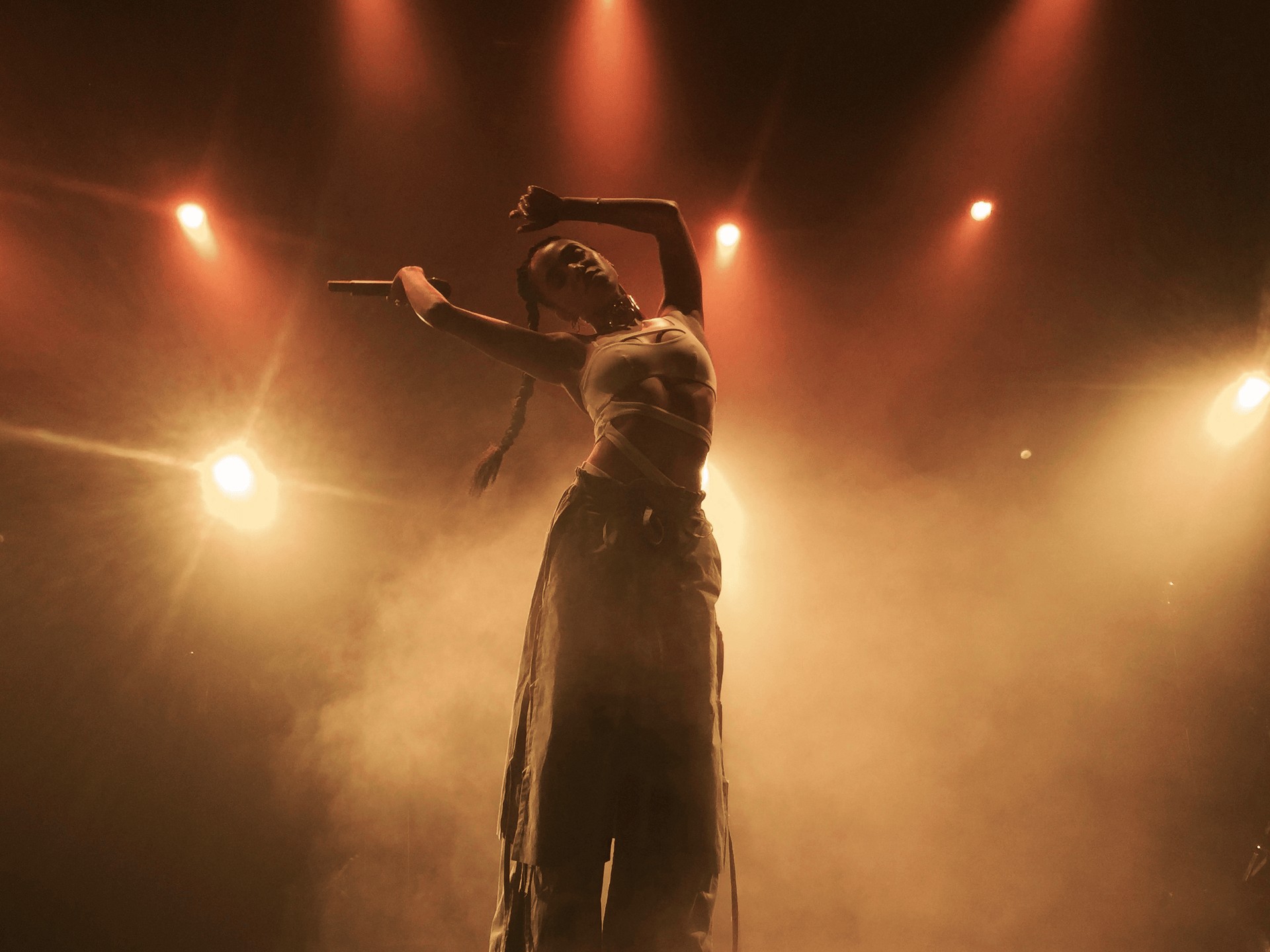A female performer stands on stage with dramatic lighting, holding a microphone in one hand and raising her arm above her head in a dance pose, wearing casual clothing with braids in her hair.