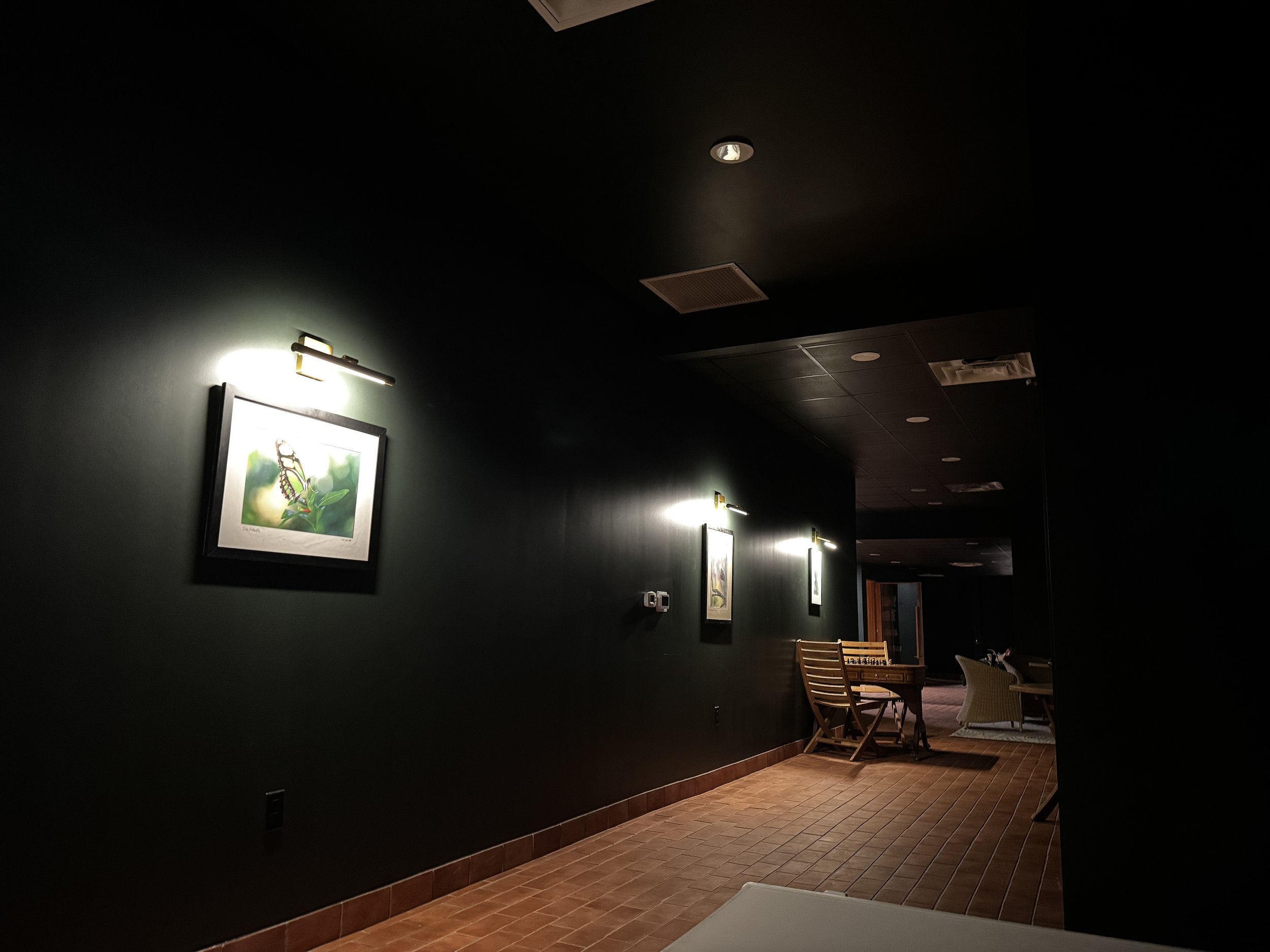 The softly lit lounge at Gainesville Sauna House