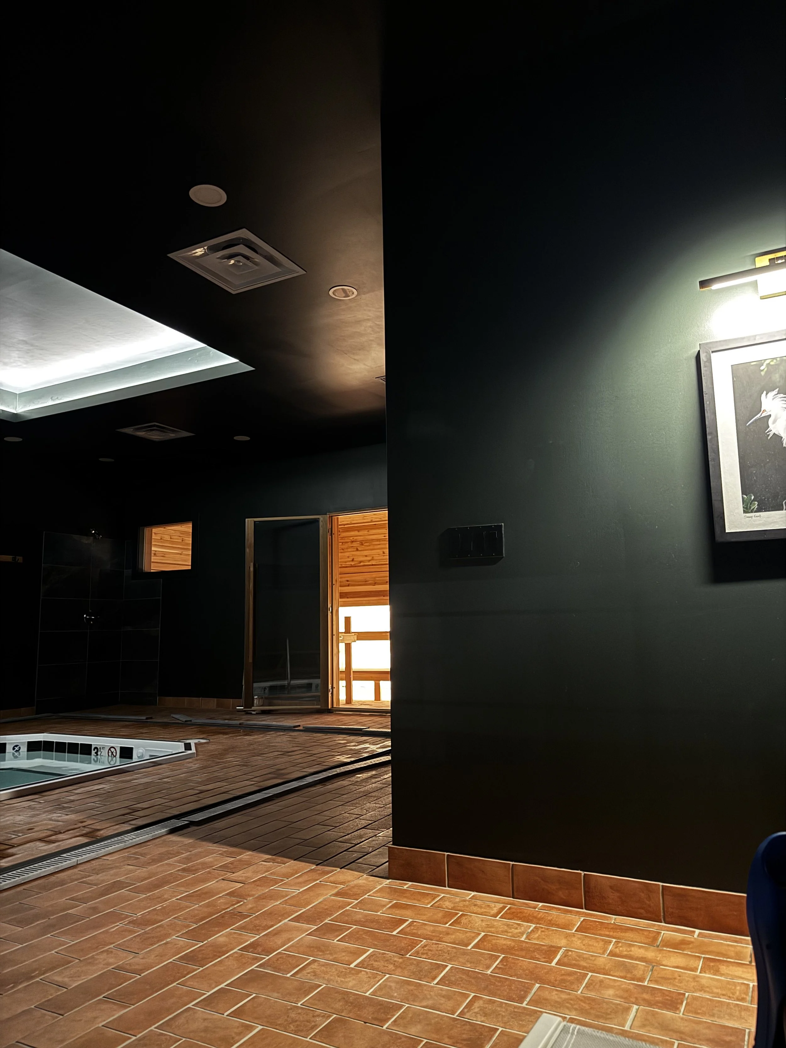 Indoor room with tiled floor, part of a swimming pool, and a door leading outside, with dark walls and ceiling.