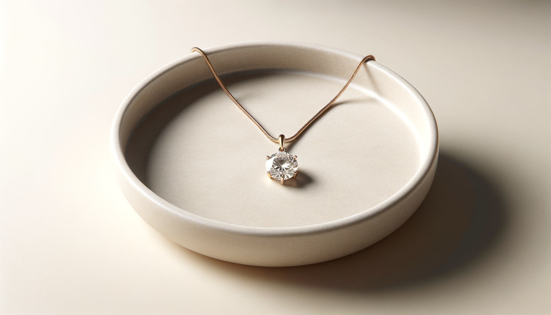 A gold necklace with a large round diamond pendant resting on a beige jewelry dish.
