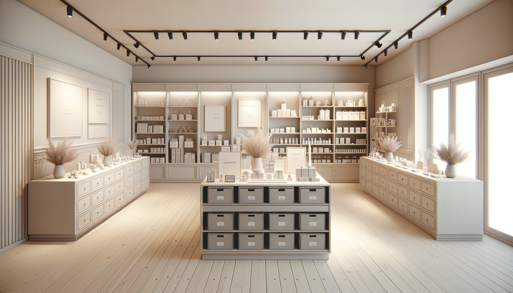 Empty retail store with white shelves and a central display table, decorated with vases of dried flowers, and soft natural light from large windows.