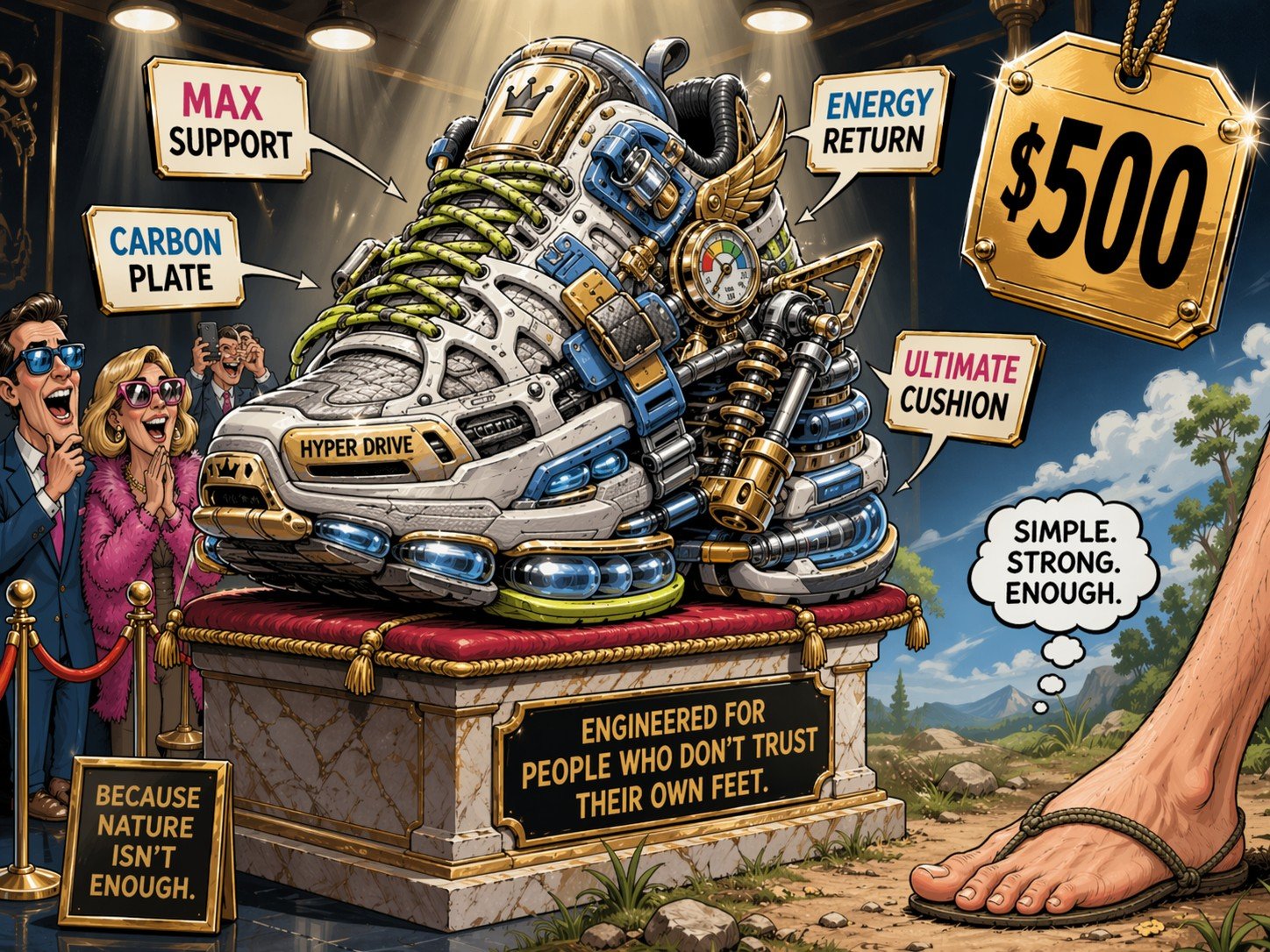 Political cartoon of an oversized, overengineered running shoe on a pedestal with a $500 price tag and marketing claims like “max support” and “ultimate cushion,” contrasted with a simple minimalist sandal on a bare foot beside it.