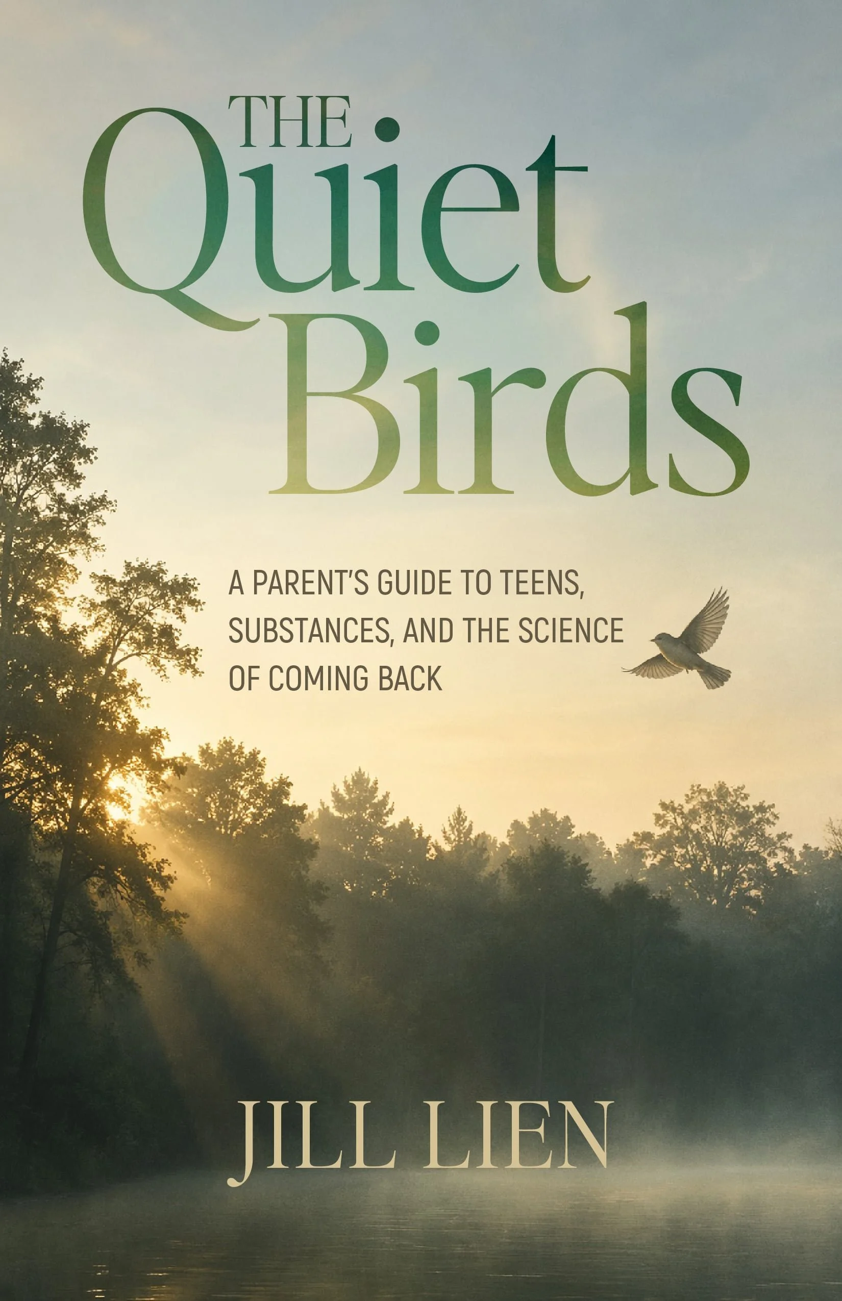The Quiet Birds by Jill Lien — a parent's guide to teens, substances, and the science of coming back. Book cover showing misty trees, sunlight, and a bird in flight.