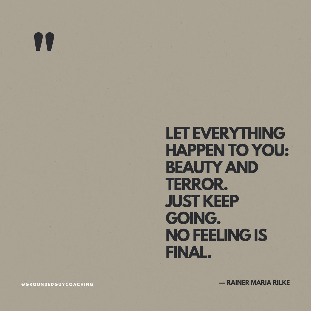Quote by Rainer Maria Rilke on a beige background, reading 'Let everything happen to you: beauty and terror. Just keep going. No feeling is final.'