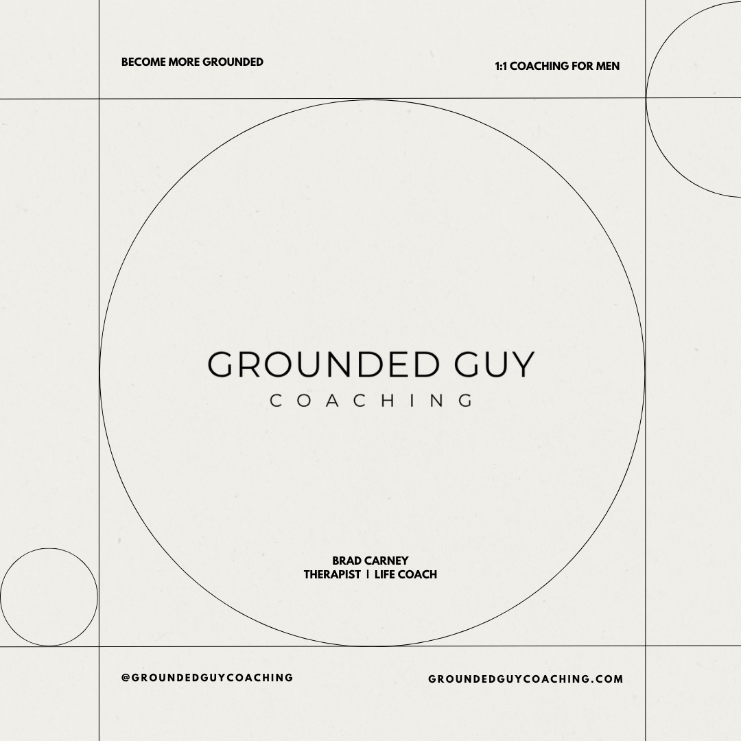 Design for Grounded Guy Coaching featuring minimalistic black text on a white background with geometric circle accents. Contains text: 'Become More Grounded,' '1:1 Coaching for Men,' 'Grounded Guy Coaching,' 'Brad Carney Therapist | Life Coach,' '@groundedguycoaching,' and 'groundedguycoaching.com.'