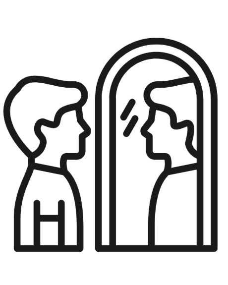 Line drawing of a person looking at their reflection in a mirror.