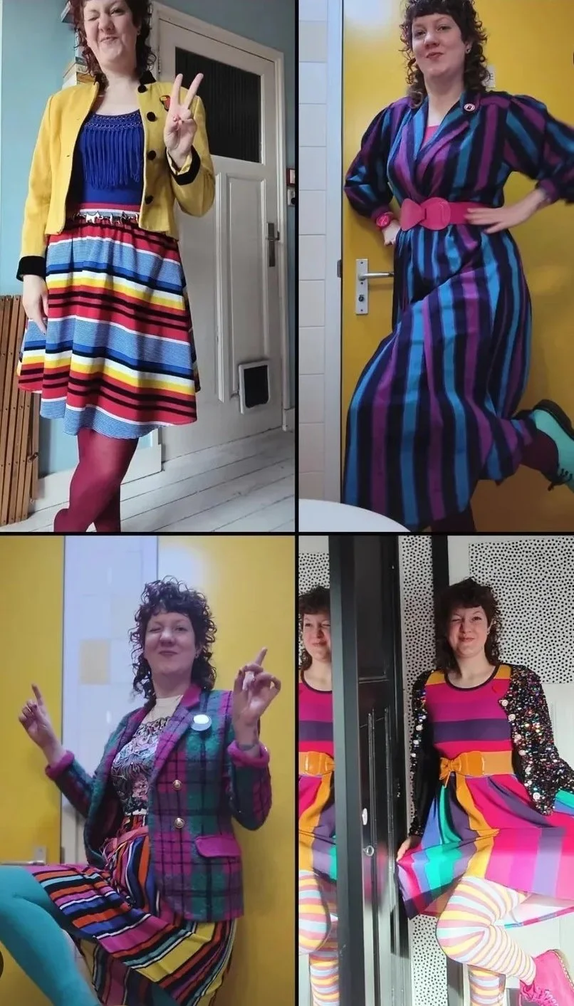 Four women wearing colorful and patterned outfits, posing playfully in different vibrant indoor settings.