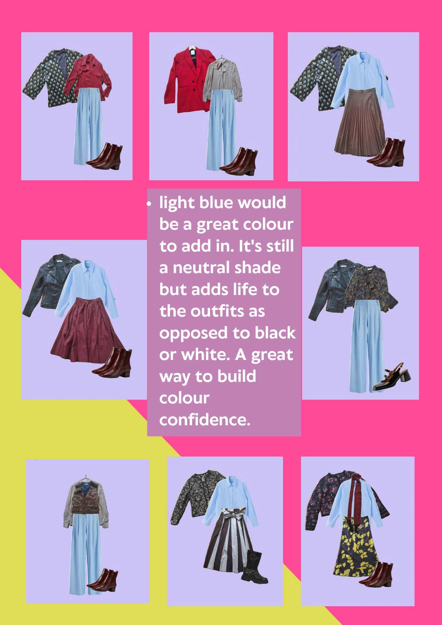 Multiple outfits with various tops, bottoms, jackets, and shoes on colorful backgrounds, showing different style combinations for building confidence with color.