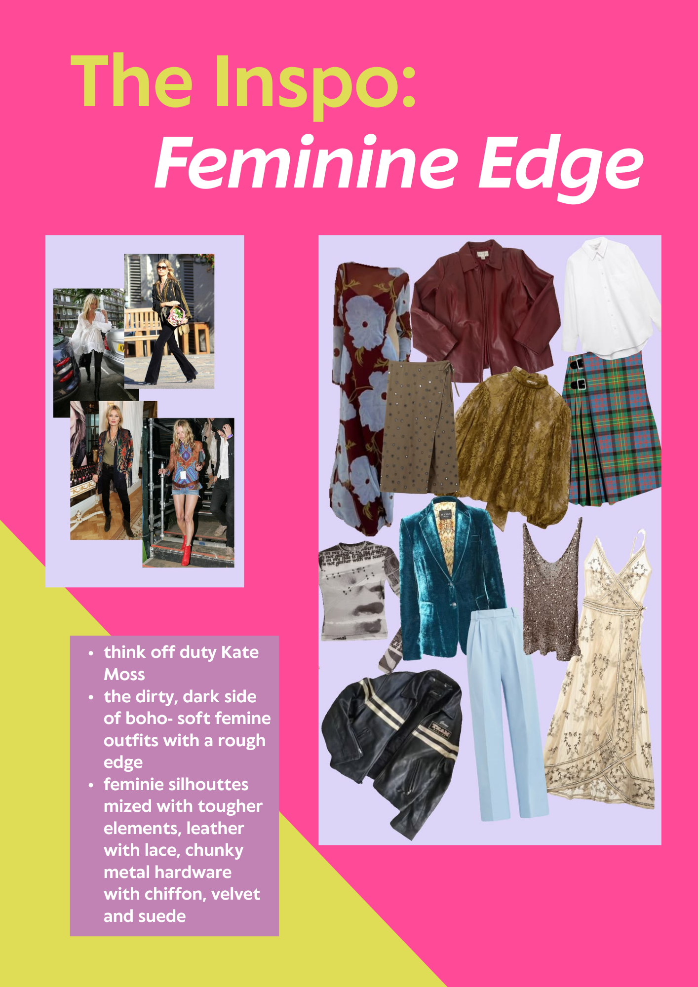Colorful collage with fashion photos, clothing items including floral dresses, leather jackets, skirts, pants, tops, accessories, and text about feminine style and edgy fashion.