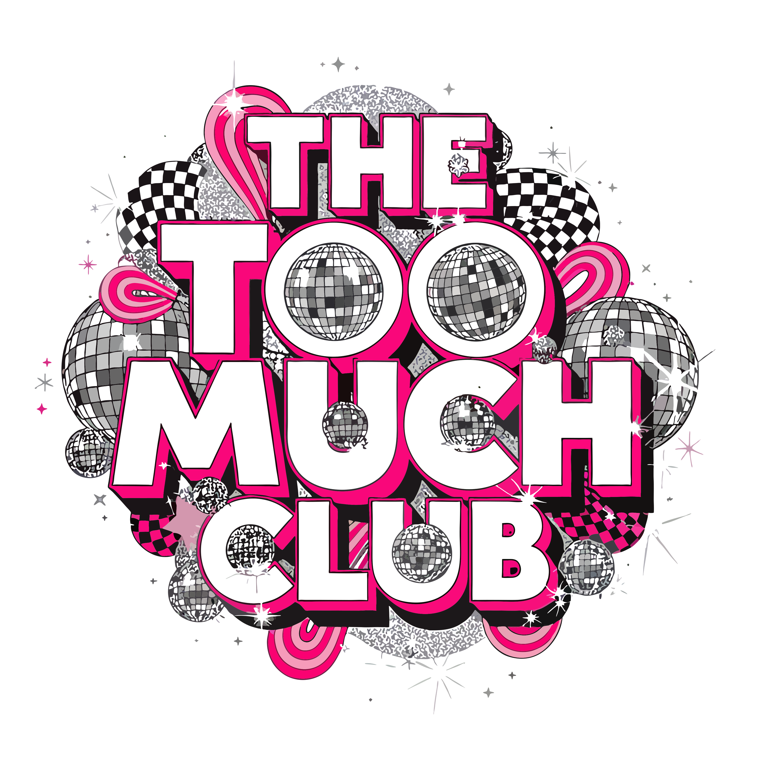 A colorful, stylized graphic design with the phrase 'The Love You Need' in bold pink and white lettering, surrounded by disco balls, sparkles, and abstract patterns in black, pink, and gray.