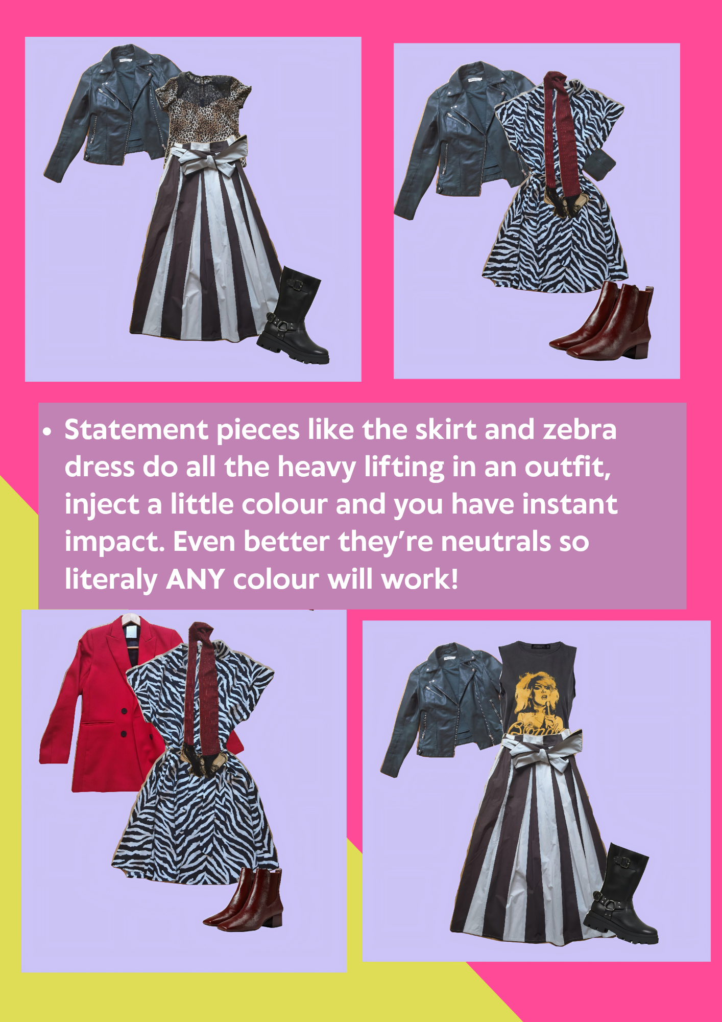 Collection of four outfit ensembles featuring leather jackets, animal print skirts, and different pair of boots, set against colorful backgrounds.