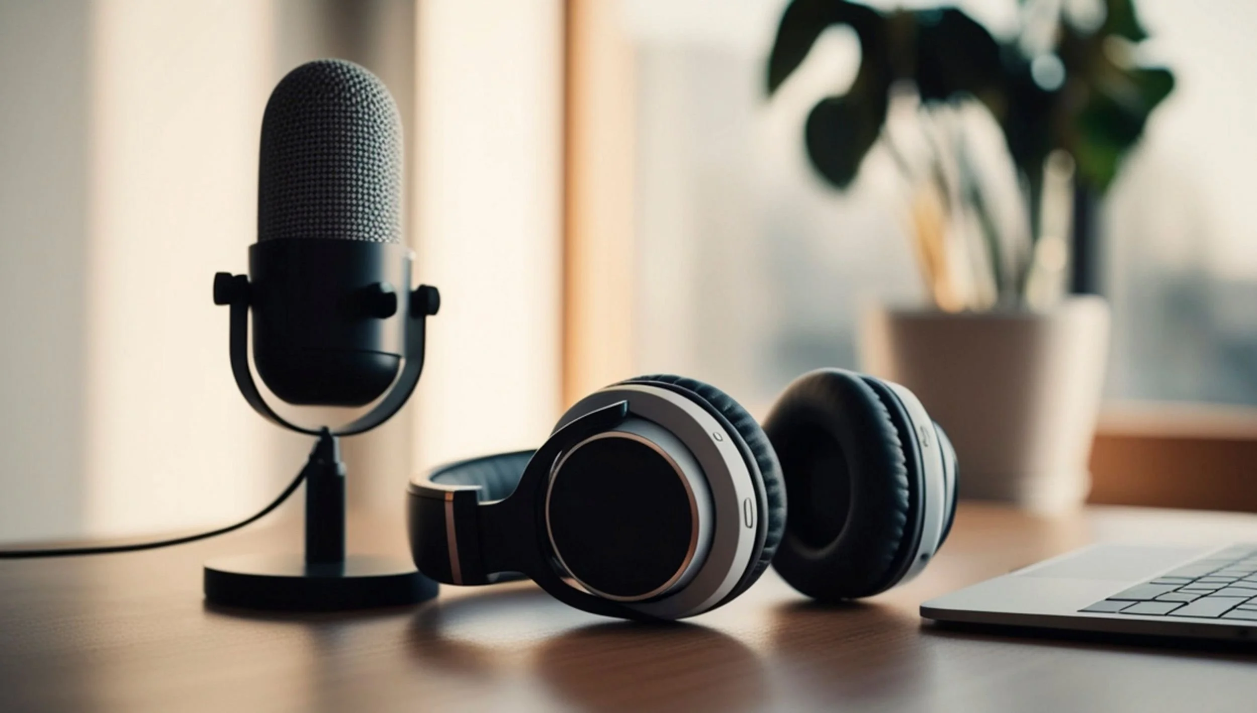 A microphone and a pair of headphones sitting on a table