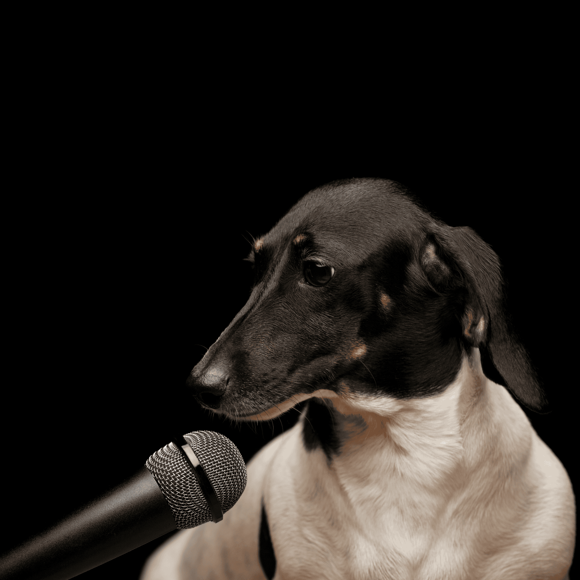 An Italian Greyhound - per google image search - sits facing a microphone in front of a black background