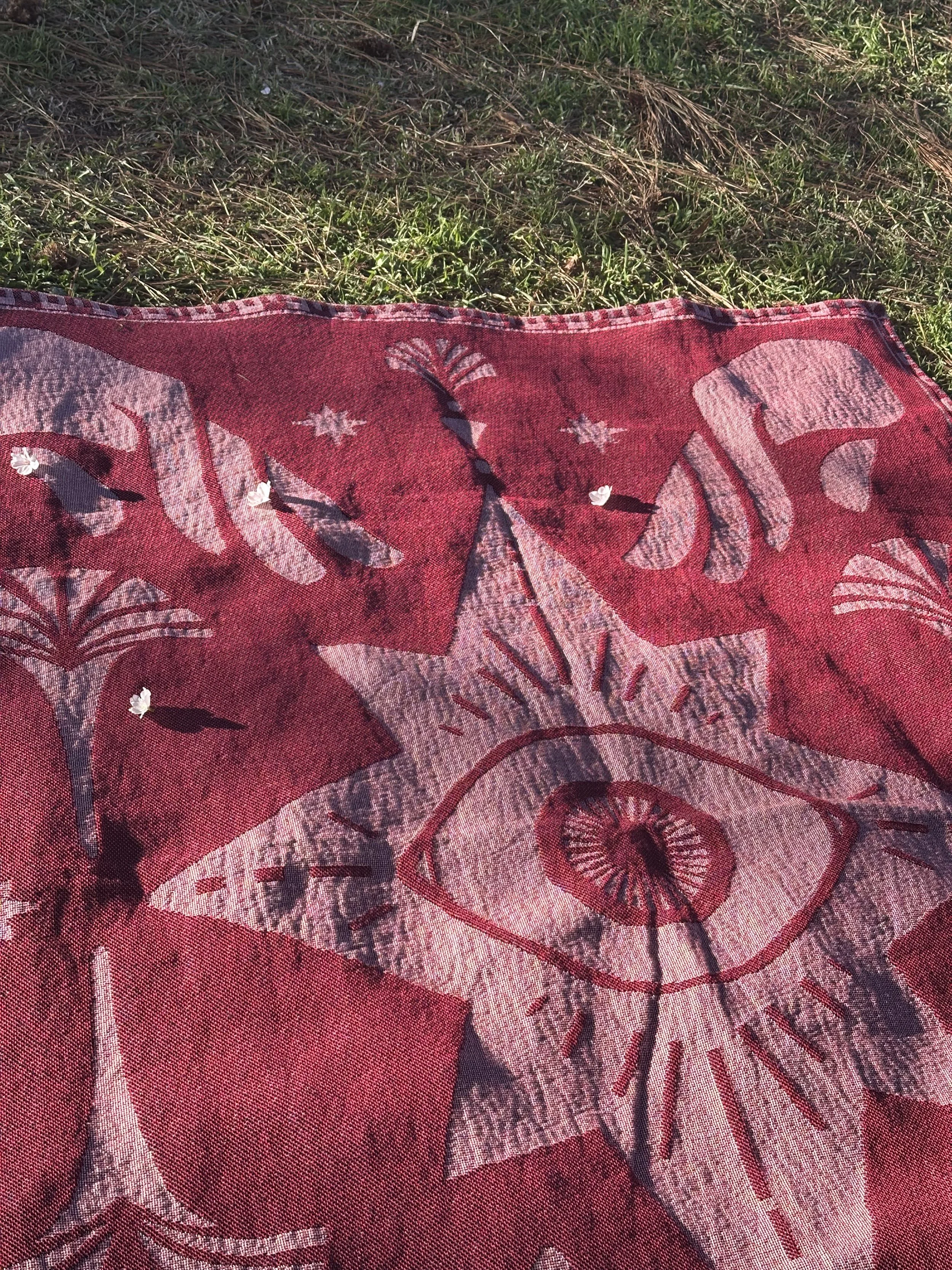 A closer shot of the blanket laid in the grass. The sunshine brings out the vibrant pink color. Cherry blossoms are strewn about