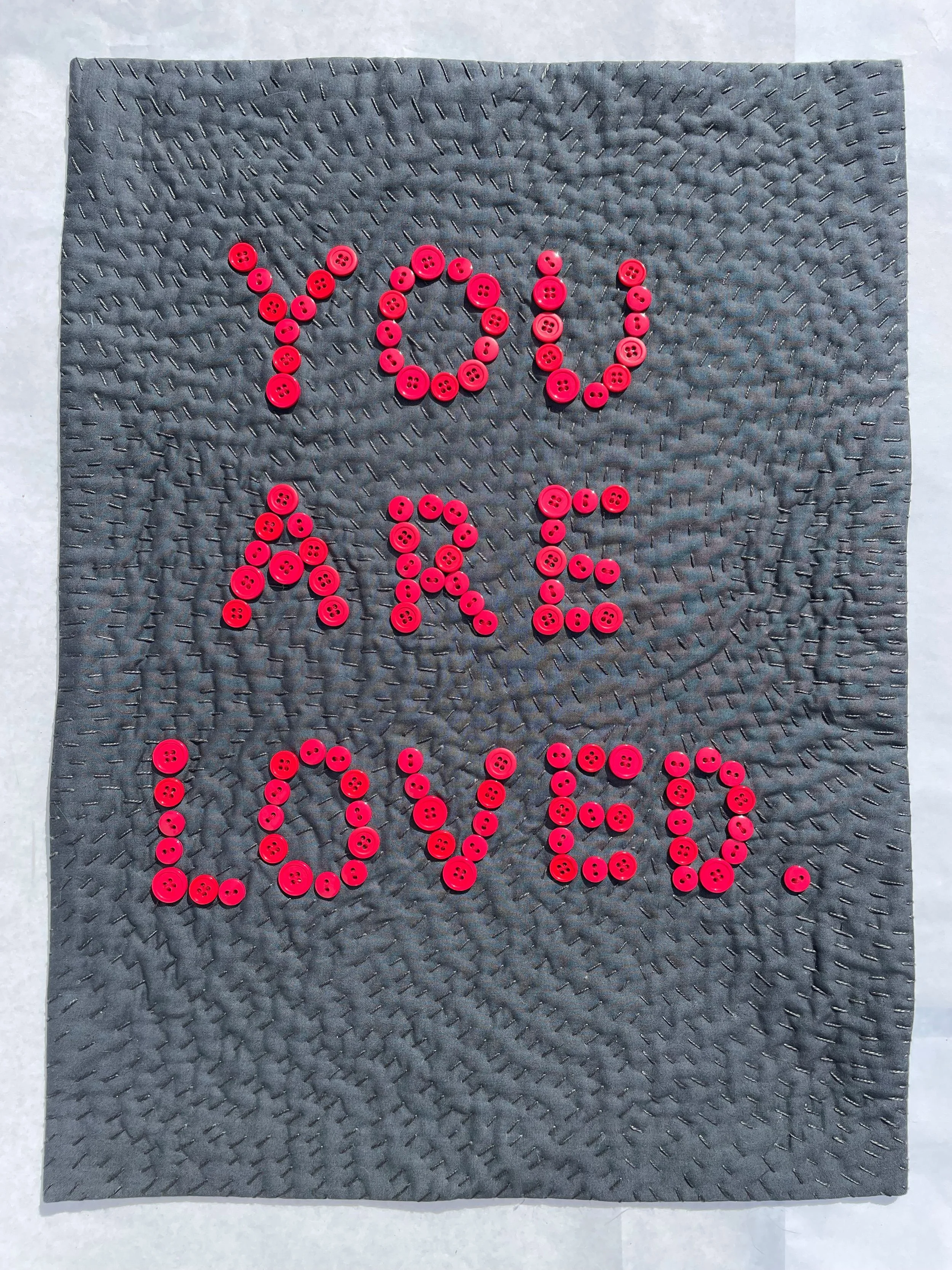 You Are Loved
2026
Plastic buttons, cotton fabric, batting, and thread
12" x 14"

A reminder to all.