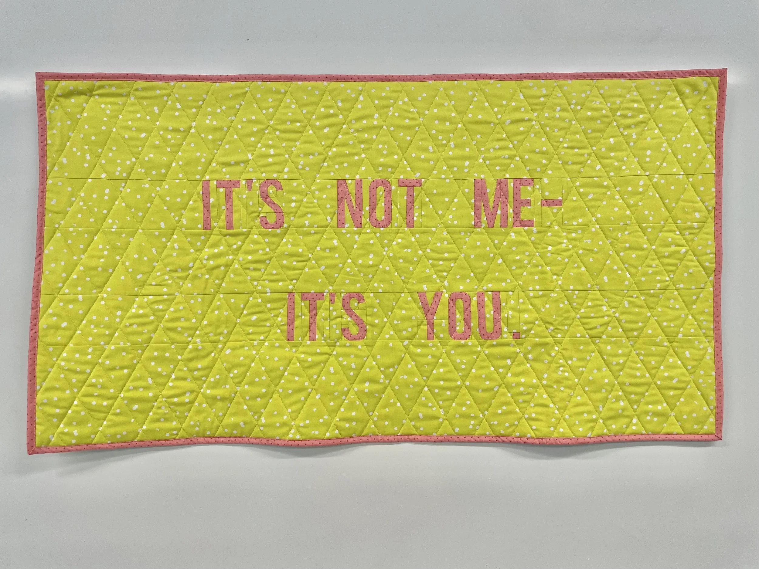 It's Not Me - It's You
2026
Cotton fabric and batting, polyester thread
50" x 18"

I had a negative interaction with an individual and walked away thinking I had done something wrong. In hindsight I realized the issue was not with me at all.