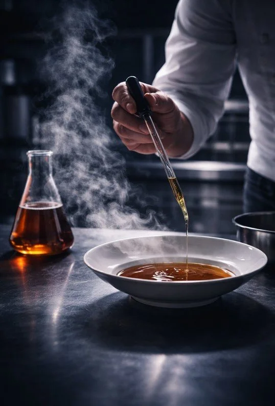 A person wearing a gray long sleeve shirt using a pipette to add liquid to a bowl of brown substance in a dark kitchen environment. There is a beaker with amber liquid and steam rising from both the beaker and the bowl.