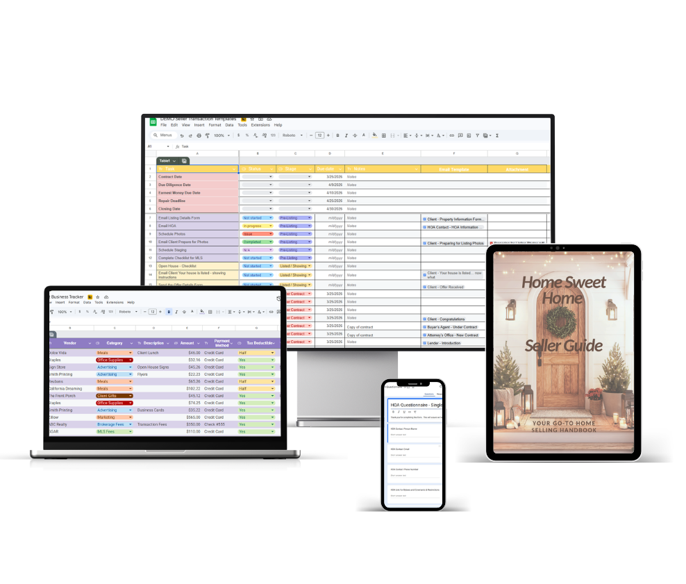 Digital devices displaying spreadsheets, a phone with a HOA questionnaire, and a tablet with a home seller guide, all related to home selling processes.