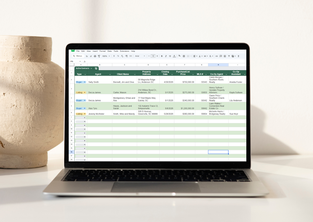 Open laptop displaying a spreadsheet with real estate transactions on a white desk, with a beige ceramic vase to the left.