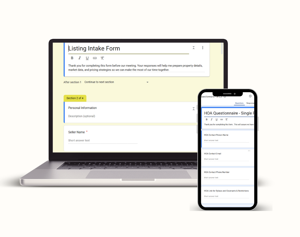 A laptop and a smartphone displaying online forms for listing intake and HOA questionnaires.