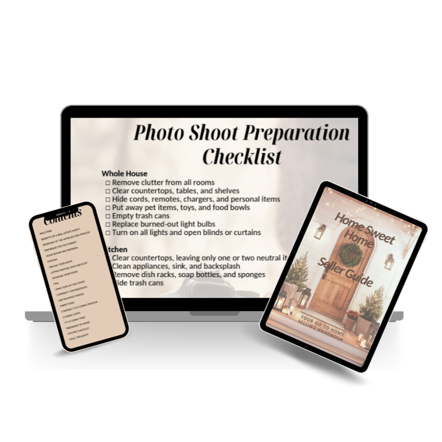 A laptop screen displaying a 'Photo Shoot Preparation Checklist' for home staging, and two tablets showing a home seller guide and contents list.