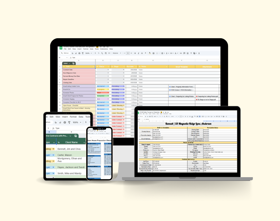 Multiple electronic devices displaying spreadsheets and documents, including a desktop monitor, a laptop, a tablet, and a smartphone.