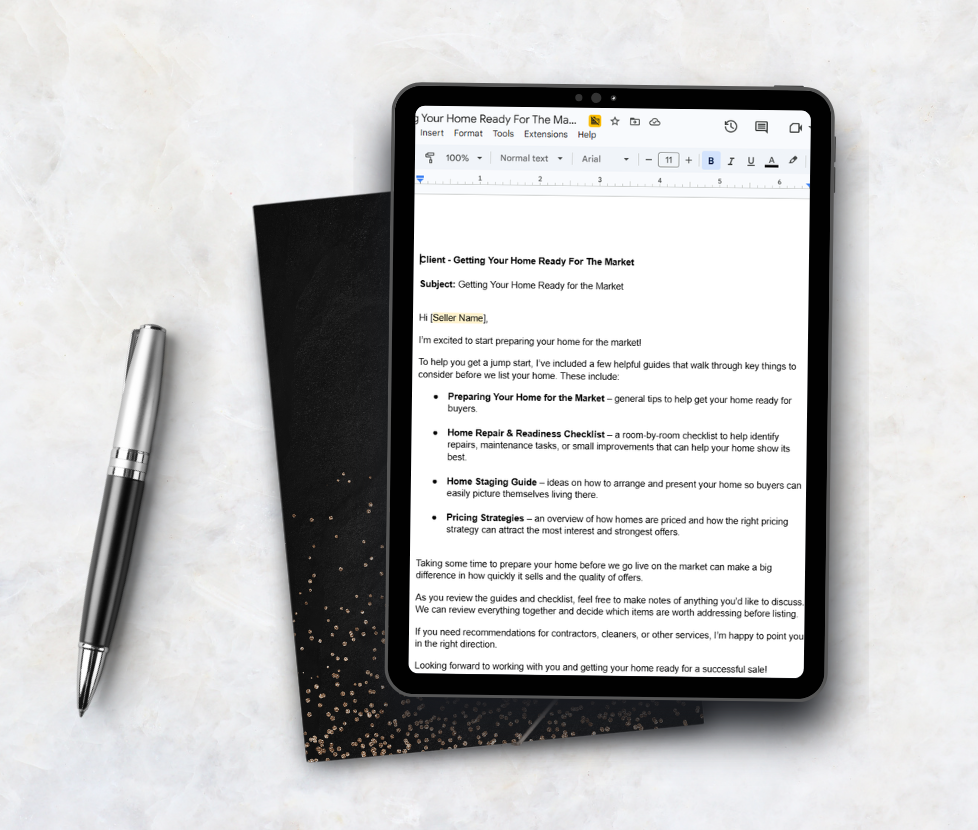 Tablet displaying a document titled 'Client - Getting Your Home Ready For The Market' on a workspace with a pen and black notebook.