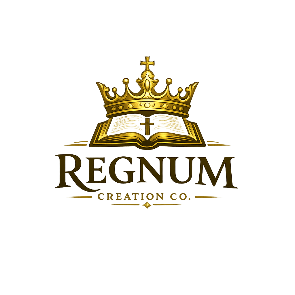 A gold emblem featuring a crown, an open book with a cross, and the words "REGNUM CREATION CO." in gold lettering.