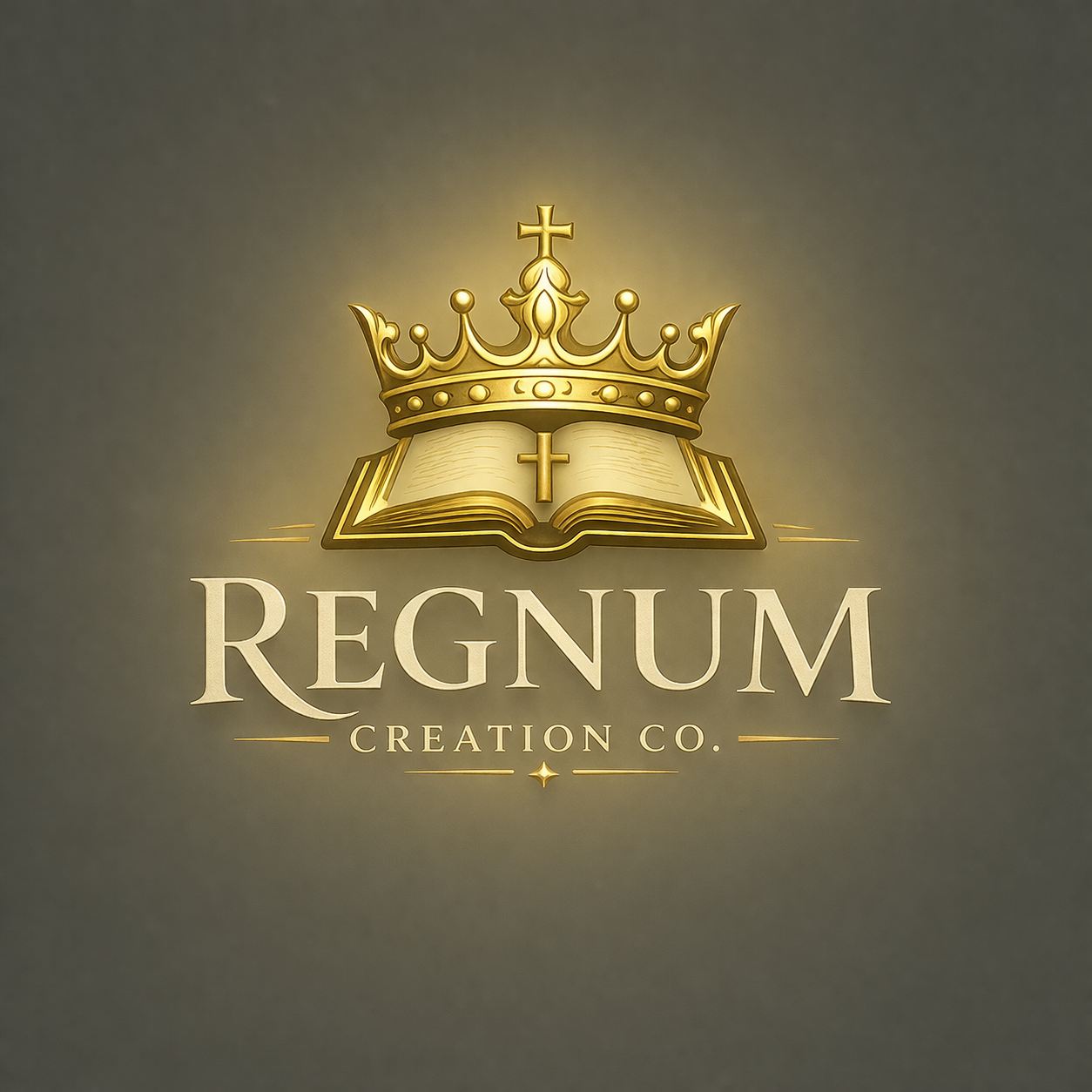 Gold crown and open book with cross, logo for Regnum Creation Co.