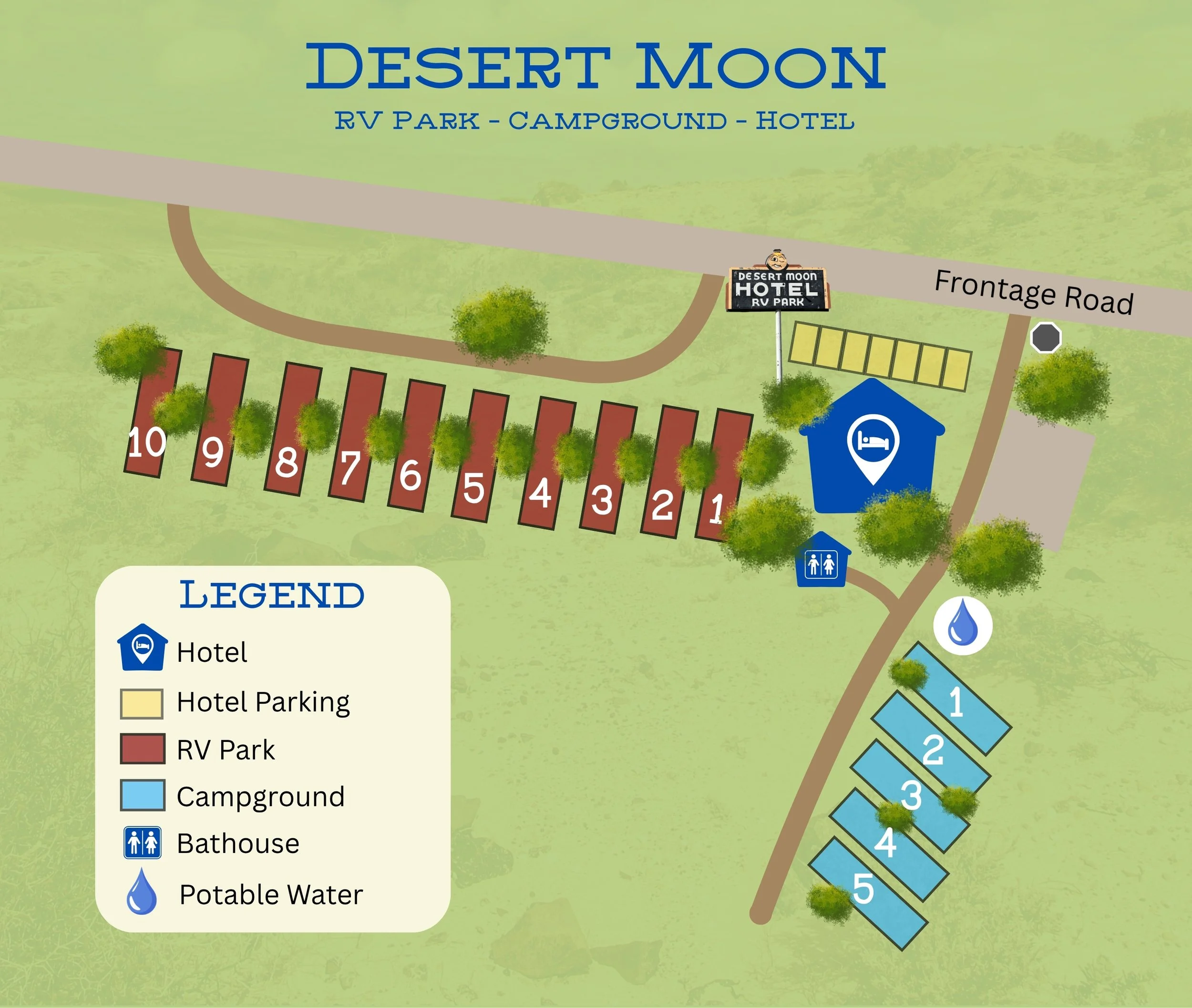 Map showing the layout of Desert Moon RV Park and campground, including RV sites numbered 1 to 10, hotel, hotel parking, RV park zones, campground, bathhouse, potable water and potable water icons, and a hotel sign.