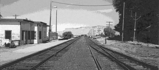 Railroad tracks running through a small town with buildings and power lines along the sides.