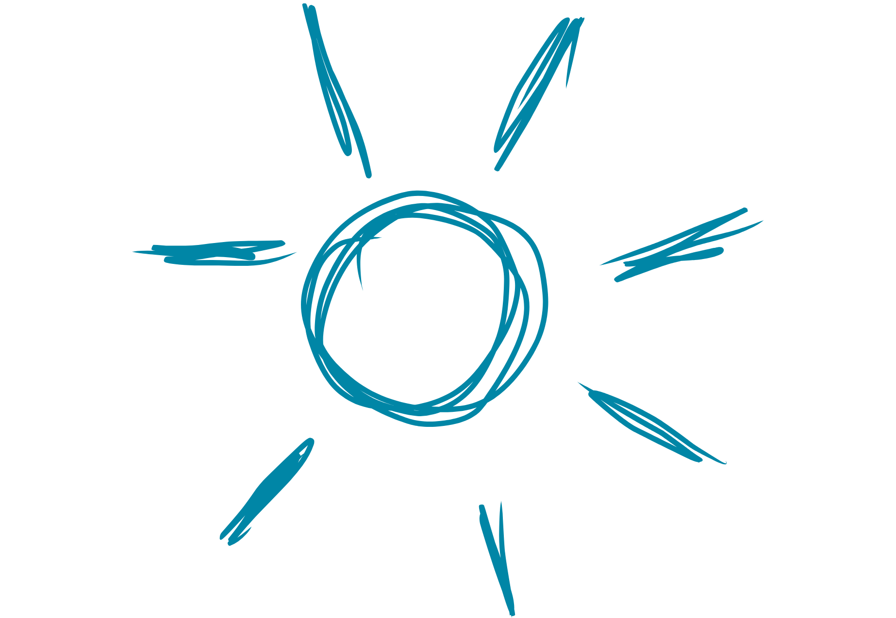 Dessin en bleu d'un soleil stylisé avec un cercle central et des rayons pointus.