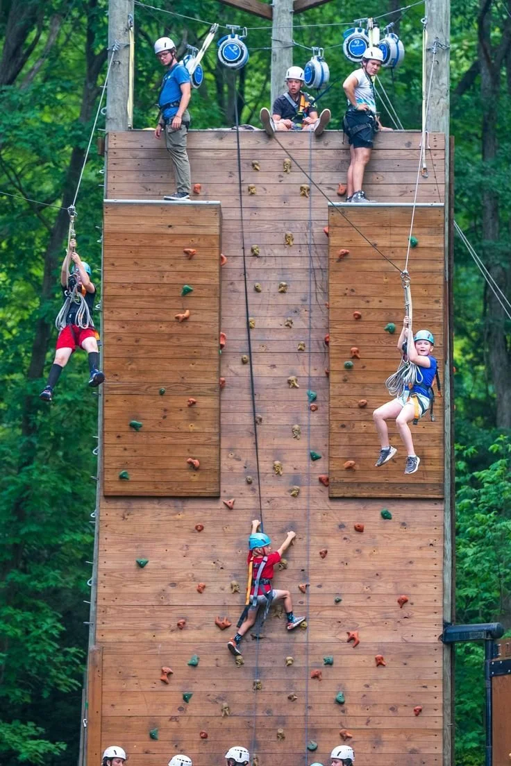 Jeunes grimpeurs et instructeurs sur une structure d'escalade en bois dans une forêt.