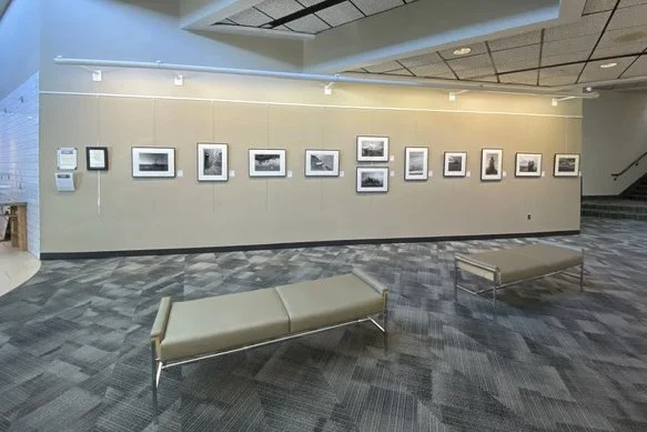 An art gallery with framed black-and-white photographs on a beige wall and two benches in the foreground.